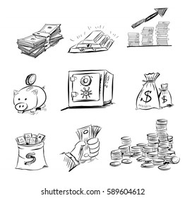 The concept for business investment, savings and making money.Hand drawn sketch elements set. Business doodle vector illustration.