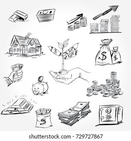 The concept for business investment, savings and making money.Hand drawn sketch elements set. Business doodle vector illustration.