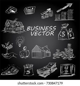 The concept for business investment, savings and making money.Hand drawn sketch elements set. Business doodle vector illustration.