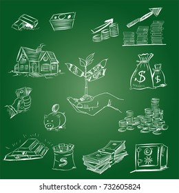 The concept for business investment, savings and making money.Hand drawn sketch elements set. Business doodle vector illustration.