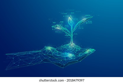 concept of business investment or stock market strategy, graphic of wireframe hand holding young plant combined with stock market element