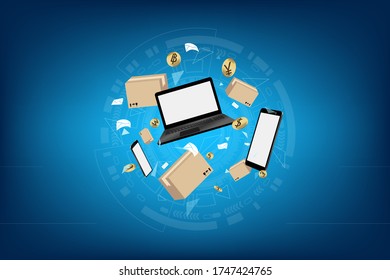 concepto negocio logística entrega fácil envío de red social digital en línea por smartphone, laptop, notebook, tecnología de telefonía móvil sobre fondo azul para ilustración vectorial