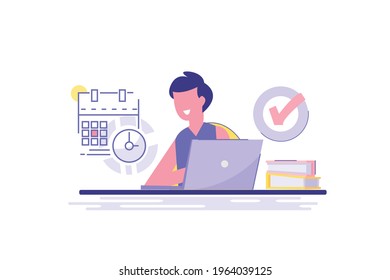 Concept of a business man with multitasking skills sitting at his laptop with office icons in the background. Successful labor productivity. Vector illustration.