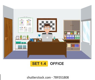 Concept of a business man working in the office with desk, laptop, pictures, bookcase. Flat vector illustration of workplace interior. 