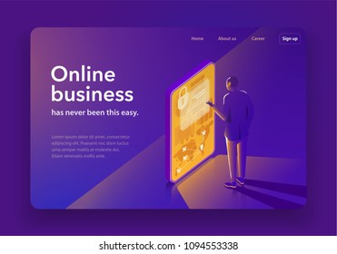 The concept of business management. A business man is watching his business with a smartphone. Dark design with a glow. Landing page template. 3d vector isometric illustration.