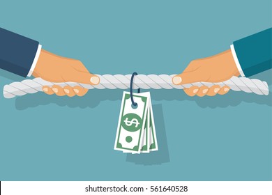 Concept Of Business Market Competition. Businessmen Pull The Rope As A Symbol Of Rivalry, Conflict. Fight For Money And Profit. Tug Of War. Vector Illustration, Flat Design. Corporate Conflicts.