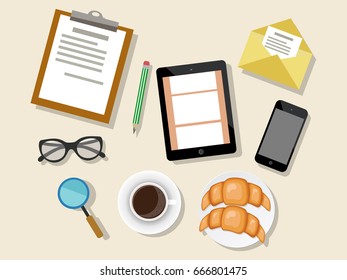 Concept of  business meeting coffee break with digital tablet, smartphone, papers and various office objects. Vector illustration. Flat design