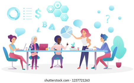 Concept of business meeting in coworking office center. Creative people team talking and working together vector illustration.