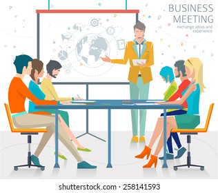 Concept of business meeting / exchange ideas and experience / coworking people / collaboration and discussion / presentation / vector illustration.