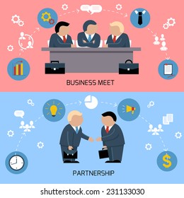 Concept for business meeting, teamwork, partnership with handshake and discussion at the meeting table of businessmen in suits