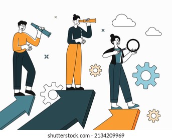 Concept of business. Men and girls with binoculars. Setting goals and assessing future, company development. Leadership and self development, creative characters. Cartoon flat vector illustration