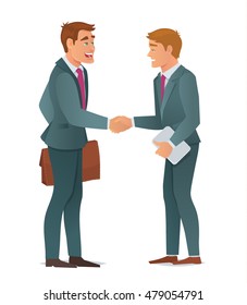Concept of business men, handshake making a deal, teamwork solution , business partners, successful partnership. Vector Illustration in cartoon flat style.