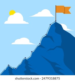 Concept of business mission, career peak. mountain with a flag on it, Mountain climbing path to the top. The business journey path runs towards success. Mountain peak, climbing route to the top.