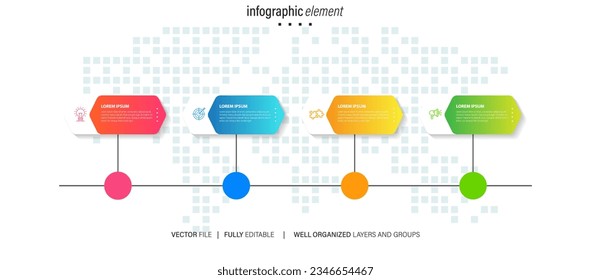 Concept of business model with 4 successive steps. Four colourful graphic elements. Timeline design for brochure, presentation. Infographic design layout
