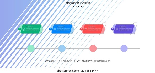 Concept of business model with 4 successive steps. Four colourful graphic elements. Timeline design for brochure, presentation. Infographic design layout
