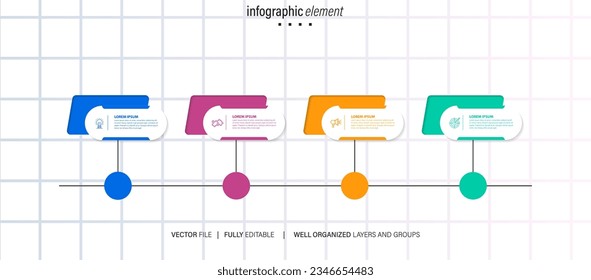 Concept of business model with 4 successive steps. Four colourful graphic elements. Timeline design for brochure, presentation. Infographic design layout

