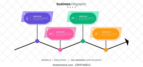 Concept of business model with 4 successive steps. Four colourful graphic elements. Timeline design for brochure, presentation. Infographic design layout
