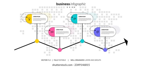 Concept of business model with 4 successive steps. Four colourful graphic elements. Timeline design for brochure, presentation. Infographic design layout
