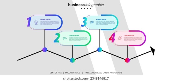 Concept of business model with 4 successive steps. Four colourful graphic elements. Timeline design for brochure, presentation. Infographic design layout
