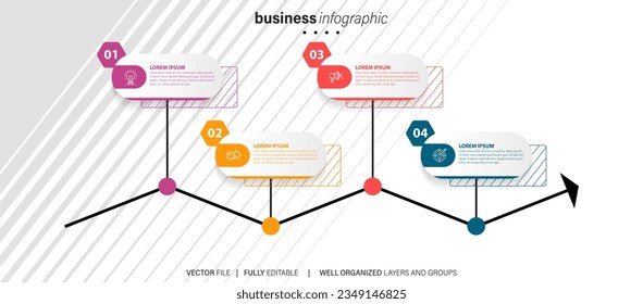 Concept of business model with 4 successive steps. Four colourful graphic elements. Timeline design for brochure, presentation. Infographic design layout
