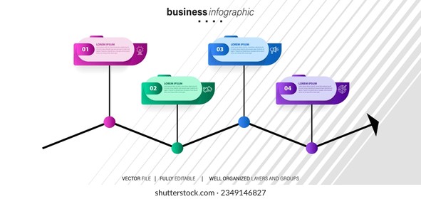 Concept of business model with 4 successive steps. Four colourful graphic elements. Timeline design for brochure, presentation. Infographic design layout
