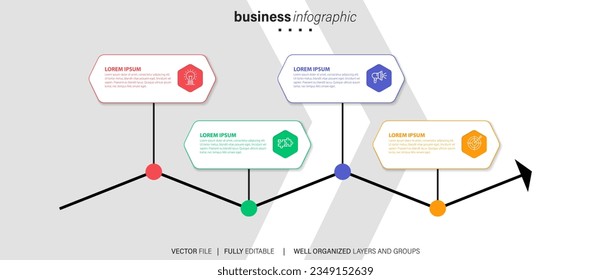 Concept of business model with 4 successive steps. Four colorful graphic elements. Timeline design for brochure, presentation. Infographic design layout
