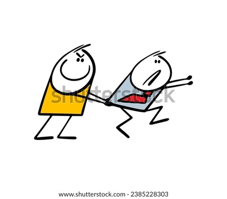 Concept of business model,  colleague, boss does not let  employee up career ladder. Limitations in work and actions. Man holds stickman by the clothes, guy breaks out and run away. Isolated on white.