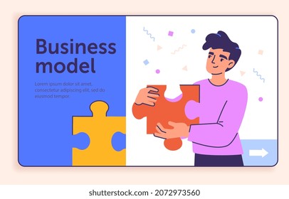 Concept of business model. Man thinking about his new project. Character collects puzzles with each other. Businessman, metaphor of startup, aspiring entrepreneur. Cartoon flat vector illustration