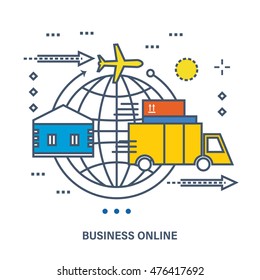 Concept of business online, e-commerce and delivery. Color Line icons. Flat Vector illustration