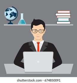 Concept of  business, online education, studying, e-learning. Businessman or student with glasses is sitting front of a laptop. There are globe and books on the back wall. eps 10