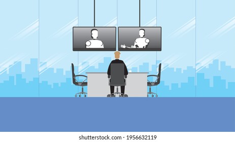 ฺTechnology concept of business online meeting teleconference video call in future. People sit and listen to the robot artificial intelligence talking by internet from video conference in office room.