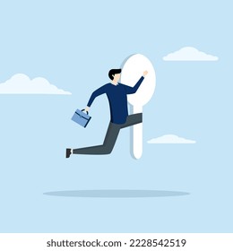 concepto de oportunidades y retos empresariales en el futuro. Entrada y salida. Empresario corriendo a la puerta del ojo de cerradura en una gran pared, Nueva ilustración del vector de oportunidad.
