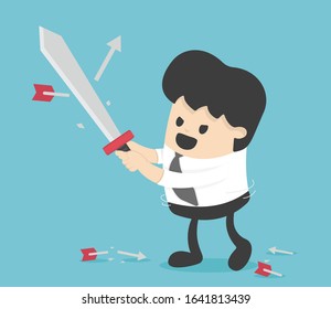 Concept business people holding sword fight arrows