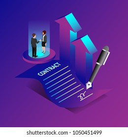  Concept business. Business people standing on a signed contract and agreement for increase the company profit. vector illustration