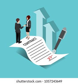  Concept business. Business people standing on a signed contract and agreement for increase the company profit. vector illustration