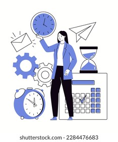 Concept of business person managing time effectively. Work in  office, with calls, mail, organization of labor processes, prompt solution of tasks, difficulties, problems, planning. Vector illustratio