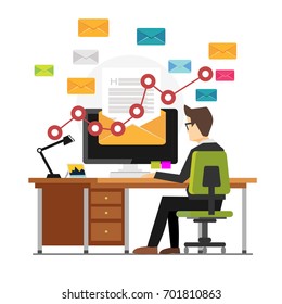 Concept of business person sending e-mails from computer. Email illustration. Email marketing.