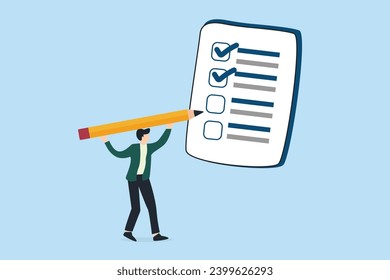 concept of business plan and targets, to do list. People carrying pencils check off plans that are being implemented.