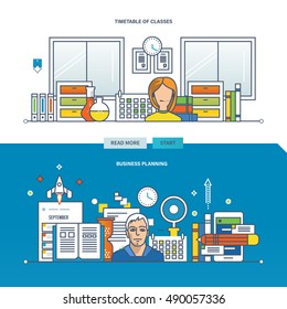 Concept of a business plan, timetable and schedule of work. Color Line icons collection. Vector design for website, banner, printed materials and mobile app.
