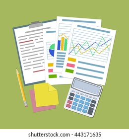 Concept for business planning and accounting, analysis, Financial Audit Concept, SEO analytics, tax audit, working, management. Analytic graphs and charts, tablet, calculator, stickers, pencil Vector 