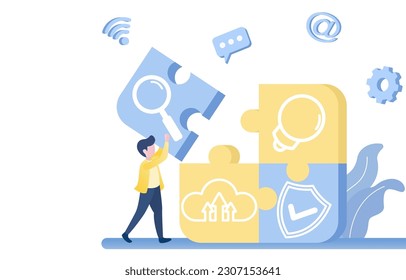 Concept of business planning. Business people holding big jigsaw puzzle and assembling it together. It symbolizes creative thinking and innovative ideas to solve problems and improve business.