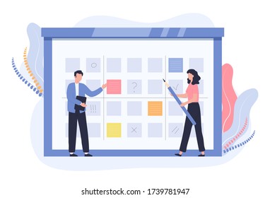 Concept of business planning, schedule, work control. A man with a tablet checks the list of plans. A woman with a pencil makes notes. Vector flat illustration on a white background