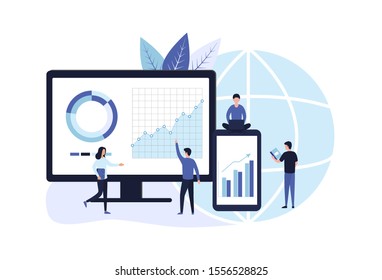 Concept of business planning and strategic analytics. Data analysis, goal setting, sales market research, consulting for company performance. Flat vector illustration isolated on white background.