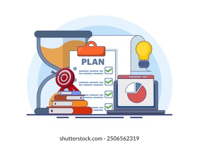 Concept of business planning, target, business workflow, time management, planning, task implementation, teamwork, meeting. Creative design for web, marketing materials, business presentations.