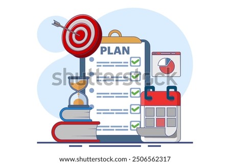 Concept of business planning, target, business workflow, time management, planning, task implementation, teamwork, meeting. Creative design for web, marketing materials, business presentations.