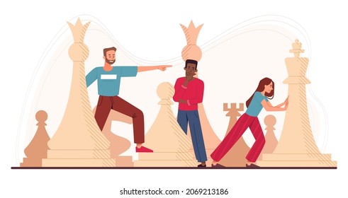 Concept of business planning and teamwork. Men and women play chess. Metaphor for search for new ways, strategies and tactics for promotion and growth of company. Cartoon flat vector illustration