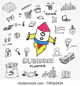 The concept for business power up, savings and making money.Hand drawn sketch elements set. Business doodle vector illustration.