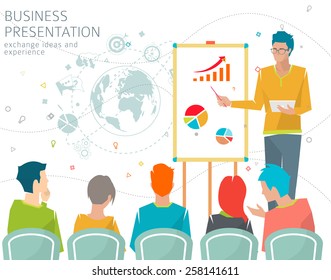 Concept of business presentation / conference / exchange ideas and experience / collaboration and discussion / vector illustration