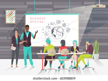 Concept of business presentation. Conference.  Exchange ideas and experience. Collaboration and discussion. Multicultural team. Vector illustration