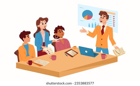 El concepto de presentación empresarial del proyecto. Equipo de negocios presentando un producto en línea. Ilustración vectorial gráfica plana aislada en fondo blanco. El concepto de reconocimiento profesional.